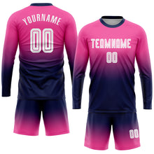 Load image into Gallery viewer, Custom Pink White-Navy Sublimation Long Sleeve Fade Fashion Soccer Uniform Jersey
