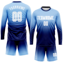 Laden Sie das Bild in den Galerie-Viewer, Custom Light Blue White-Navy Sublimation Long Sleeve Fade Fashion Soccer Uniform Jersey
