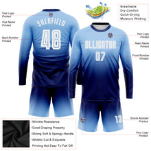 Load image into Gallery viewer, Custom Light Blue White-Navy Sublimation Long Sleeve Fade Fashion Soccer Uniform Jersey
