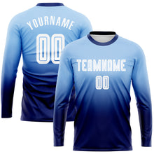 Laden Sie das Bild in den Galerie-Viewer, Custom Light Blue White-Navy Sublimation Long Sleeve Fade Fashion Soccer Uniform Jersey
