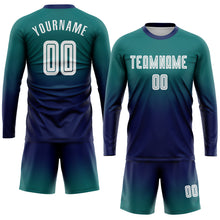 Load image into Gallery viewer, Custom Teal White-Navy Sublimation Long Sleeve Fade Fashion Soccer Uniform Jersey
