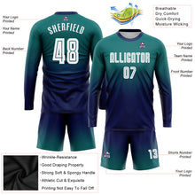 Charger l&#39;image dans la galerie, Custom Teal White-Navy Sublimation Long Sleeve Fade Fashion Soccer Uniform Jersey
