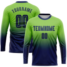 Load image into Gallery viewer, Custom Neon Green Navy Sublimation Long Sleeve Fade Fashion Soccer Uniform Jersey
