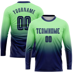 Custom Pea Green Navy Sublimation Long Sleeve Fade Fashion Soccer Uniform Jersey