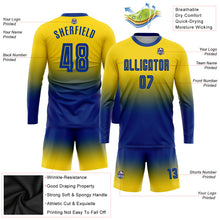 Laden Sie das Bild in den Galerie-Viewer, Custom Gold Royal Sublimation Long Sleeve Fade Fashion Soccer Uniform Jersey
