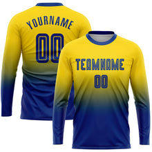 Laden Sie das Bild in den Galerie-Viewer, Custom Gold Royal Sublimation Long Sleeve Fade Fashion Soccer Uniform Jersey
