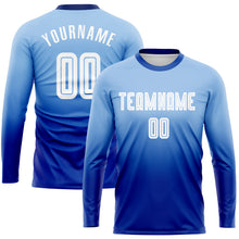 Charger l&#39;image dans la galerie, Custom Light Blue White-Royal Sublimation Long Sleeve Fade Fashion Soccer Uniform Jersey
