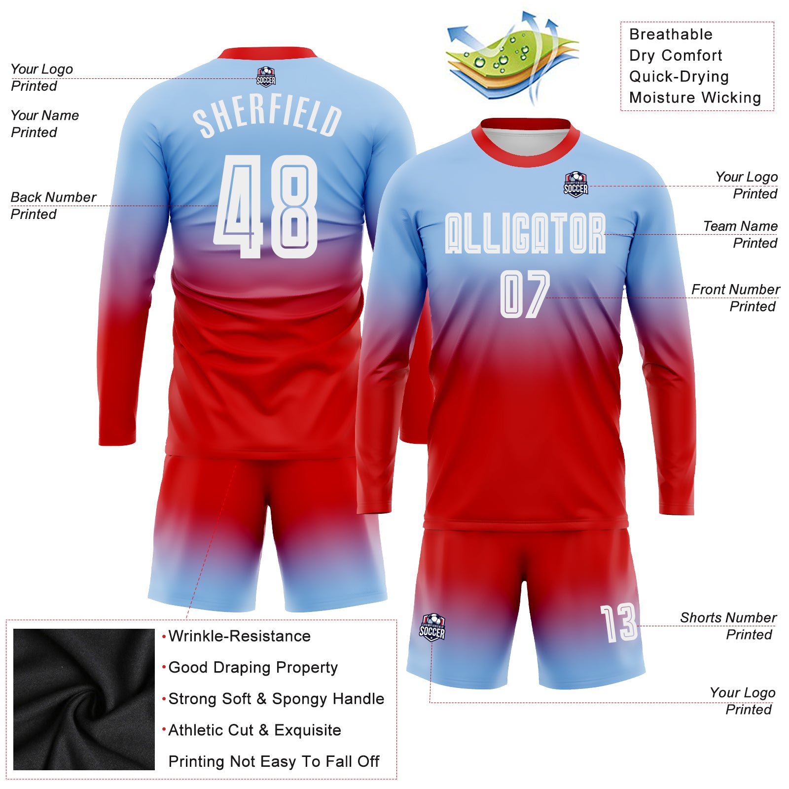 White and Red ,light Blue Soccer Jersey with Sock and Short Mock