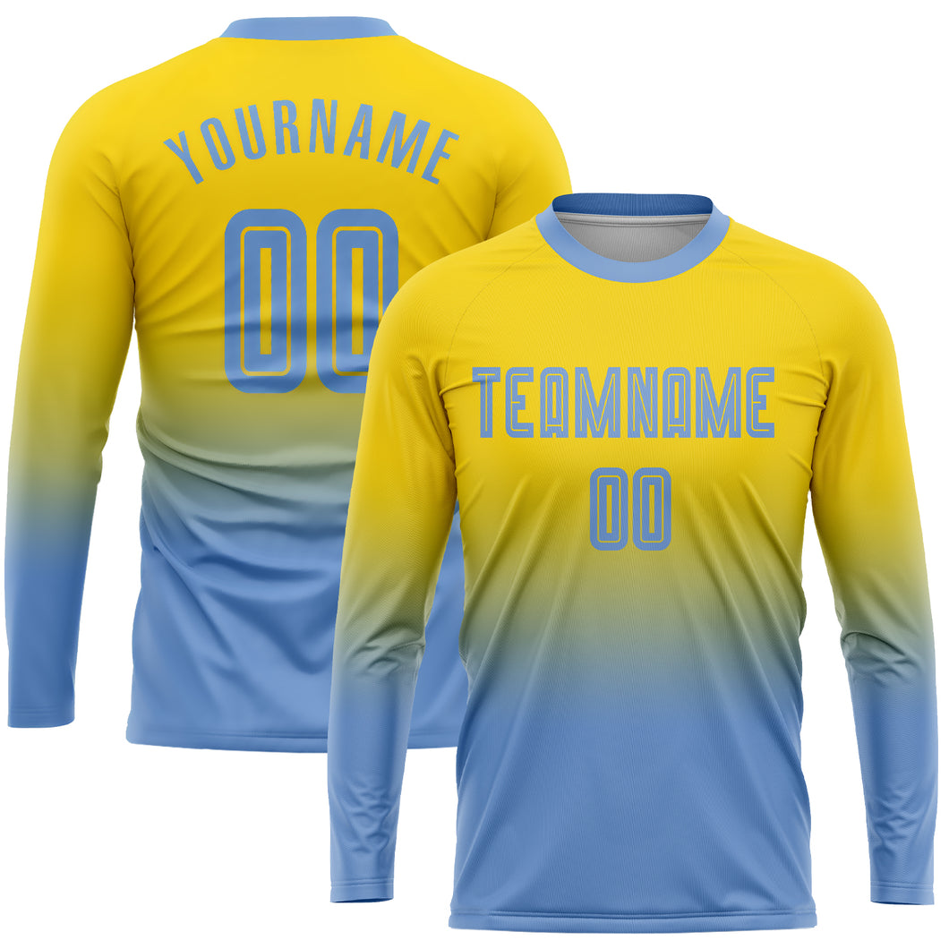 Custom Gold Light Blue Sublimation Long Sleeve Fade Fashion Soccer Uniform  Jersey