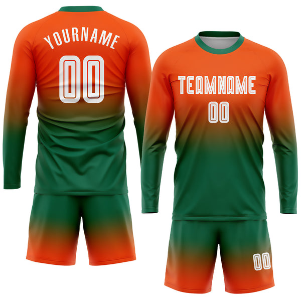 Custom Orange White-Kelly Green Sublimation Long Sleeve Fade Fashion Soccer  Uniform Jersey