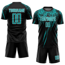 Загрузить изображение в средство просмотра галереи, Custom Black Aqua-White Sublimation Soccer Uniform Jersey
