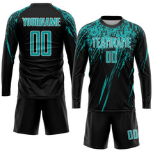 Загрузить изображение в средство просмотра галереи, Custom Black Aqua-White Sublimation Soccer Uniform Jersey
