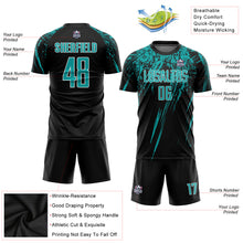 Загрузить изображение в средство просмотра галереи, Custom Black Aqua-White Sublimation Soccer Uniform Jersey
