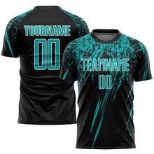 Загрузить изображение в средство просмотра галереи, Custom Black Aqua-White Sublimation Soccer Uniform Jersey
