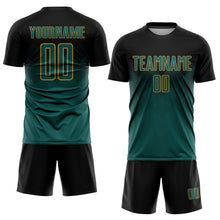 Laden Sie das Bild in den Galerie-Viewer, Custom Black Midnight Green-Old Gold Sublimation Soccer Uniform Jersey
