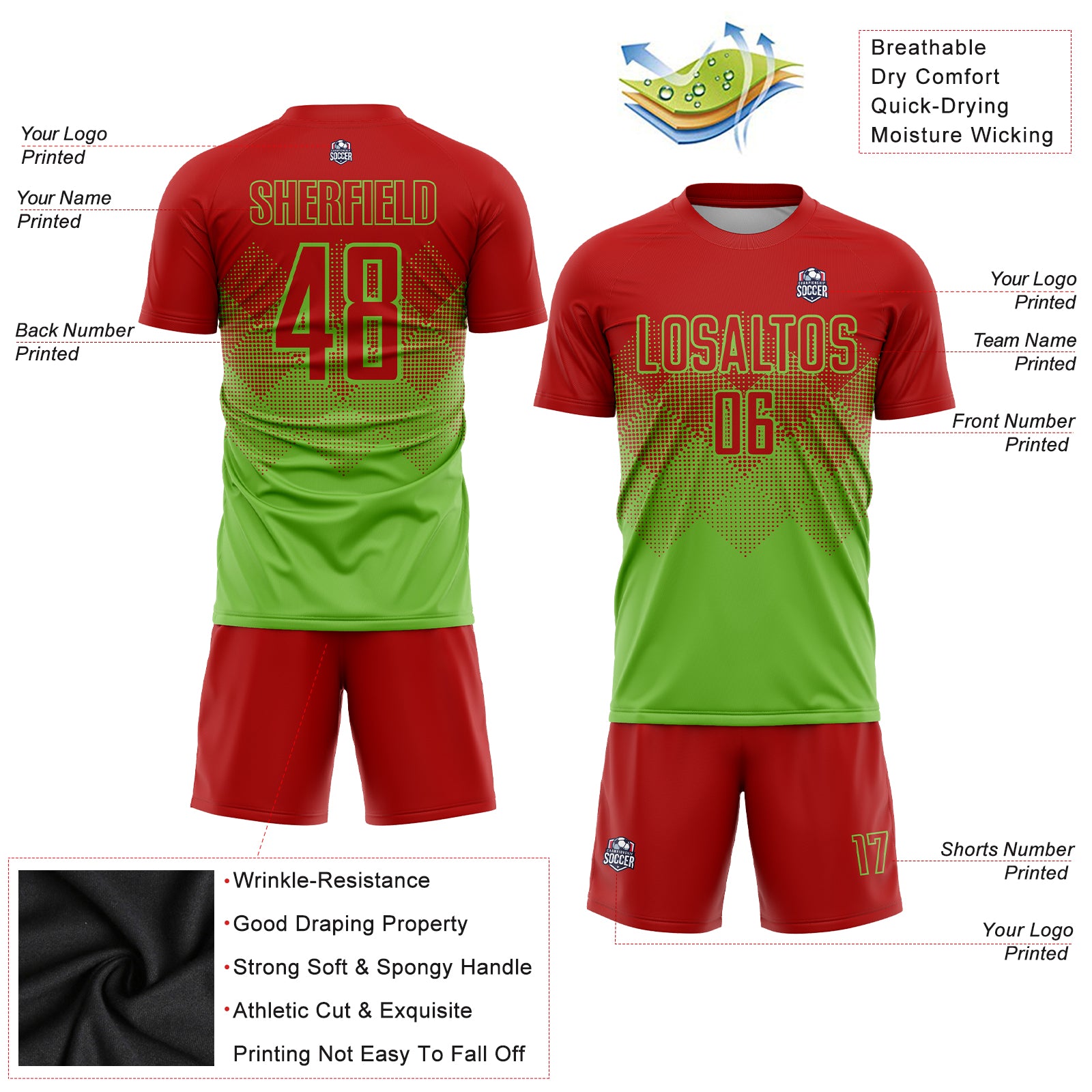 Cheap Custom Neon Green Red Sublimation Soccer Uniform Jersey Free