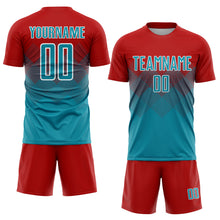 Laden Sie das Bild in den Galerie-Viewer, Custom Red Teal-White Sublimation Soccer Uniform Jersey
