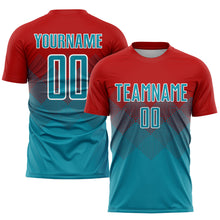 Laden Sie das Bild in den Galerie-Viewer, Custom Red Teal-White Sublimation Soccer Uniform Jersey
