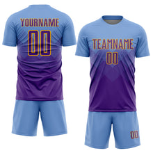 Laden Sie das Bild in den Galerie-Viewer, Custom Light Blue Purple-Gold Sublimation Soccer Uniform Jersey
