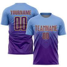 Laden Sie das Bild in den Galerie-Viewer, Custom Light Blue Purple-Gold Sublimation Soccer Uniform Jersey
