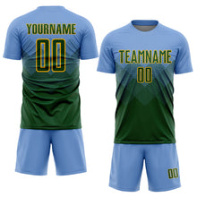 Laden Sie das Bild in den Galerie-Viewer, Custom Light Blue Green-Gold Sublimation Soccer Uniform Jersey
