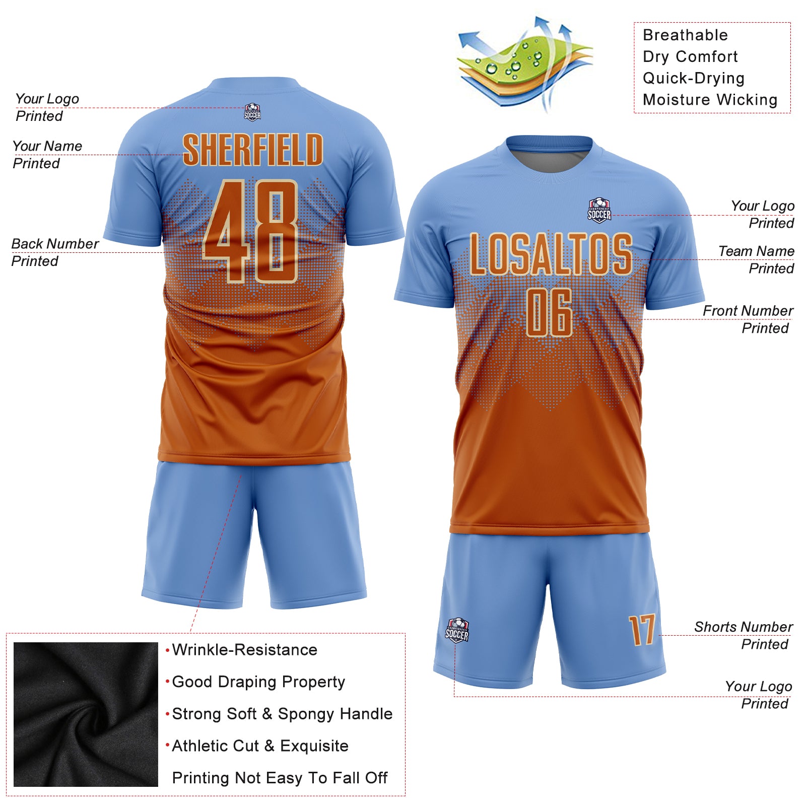 Cheap Custom Light Blue Texas Orange-Cream Sublimation Soccer Uniform  Jersey Free Shipping – CustomJerseysPro