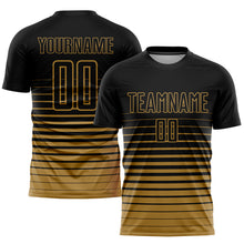 Laden Sie das Bild in den Galerie-Viewer, Custom Black Old Gold Pinstripe Fade Fashion Sublimation Soccer Uniform Jersey
