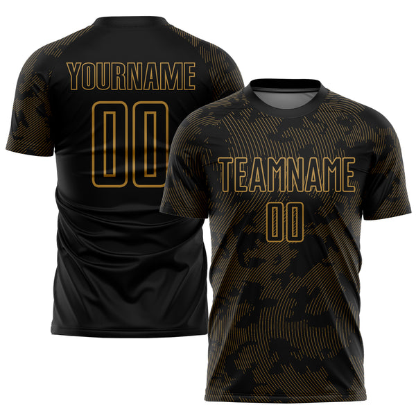 Custom Black Black-Old Gold Sublimation Soccer Uniform Jersey in