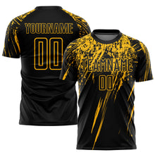 Laden Sie das Bild in den Galerie-Viewer, Custom Black Gold Sublimation Soccer Uniform Jersey
