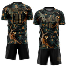 Laden Sie das Bild in den Galerie-Viewer, Custom Black Old Gold Tiger And Peacock Sublimation Soccer Uniform Jersey
