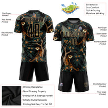 Laden Sie das Bild in den Galerie-Viewer, Custom Black Old Gold Tiger And Peacock Sublimation Soccer Uniform Jersey
