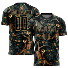 Laden Sie das Bild in den Galerie-Viewer, Custom Black Old Gold Tiger And Peacock Sublimation Soccer Uniform Jersey
