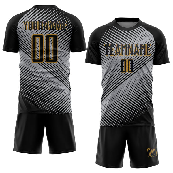 Custom Gray Black-Old Gold Round Neck Sublimation Basketball Suit