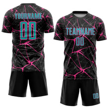 Загрузить изображение в средство просмотра галереи, Custom Black Aqua-Pink Sublimation Soccer Uniform Jersey
