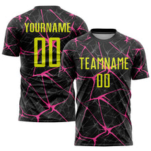 Загрузить изображение в средство просмотра галереи, Custom Black Neon Yellow-Pink Sublimation Soccer Uniform Jersey
