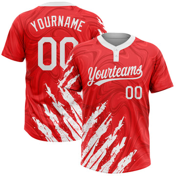 Custom Red White 3D Pattern Two-Button Unisex Softball Jersey