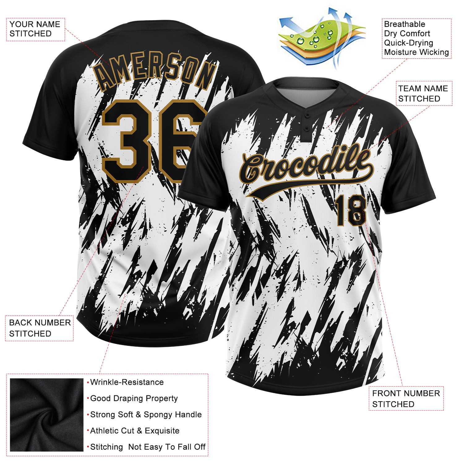 Custom Gold Green-White 3D Pattern Two-Button Unisex Softball Jersey