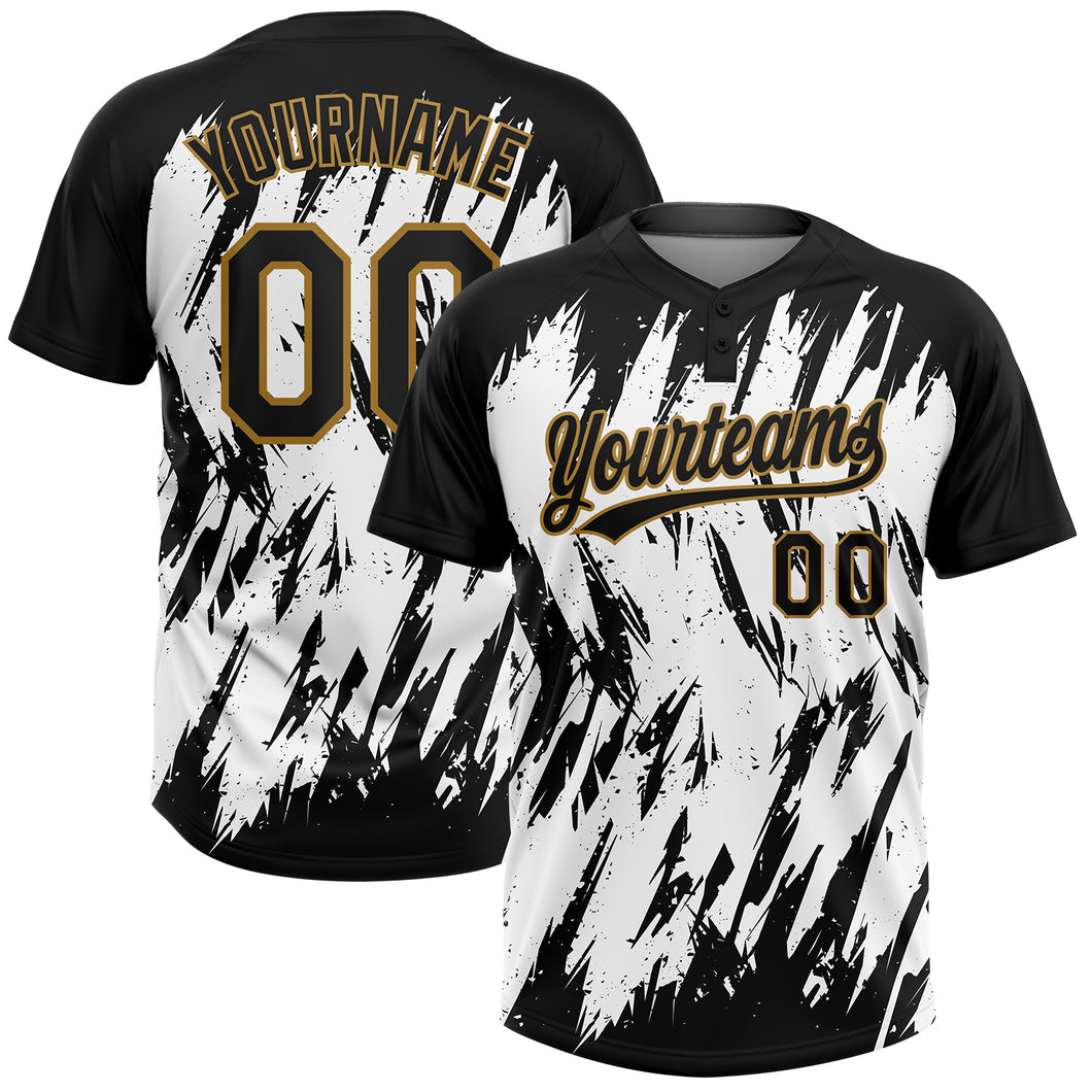 Custom White Black-Old Gold 3D Pattern Two-Button Unisex Softball Jersey