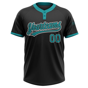 Custom Black Teal-White Two-Button Unisex Softball Jersey