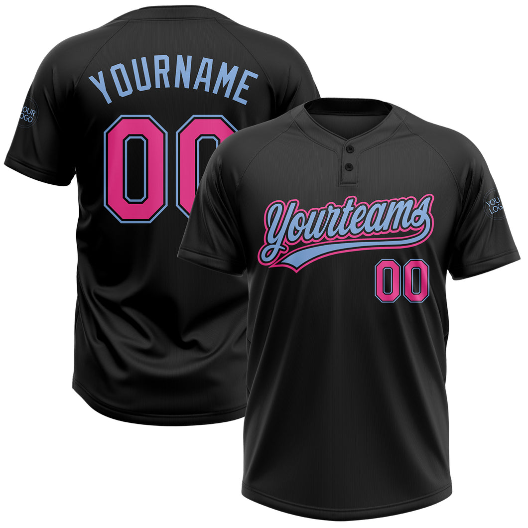 Custom Black Pink-Light Blue Two-Button Softball Jersey Fast