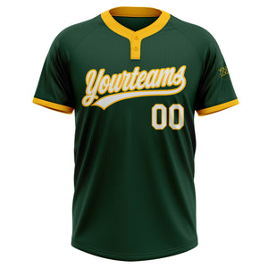 Custom Green White-Gold Two-Button Unisex Softball Jersey