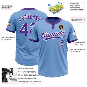 Custom Light Blue Purple-White Two-Button Unisex Softball Jersey