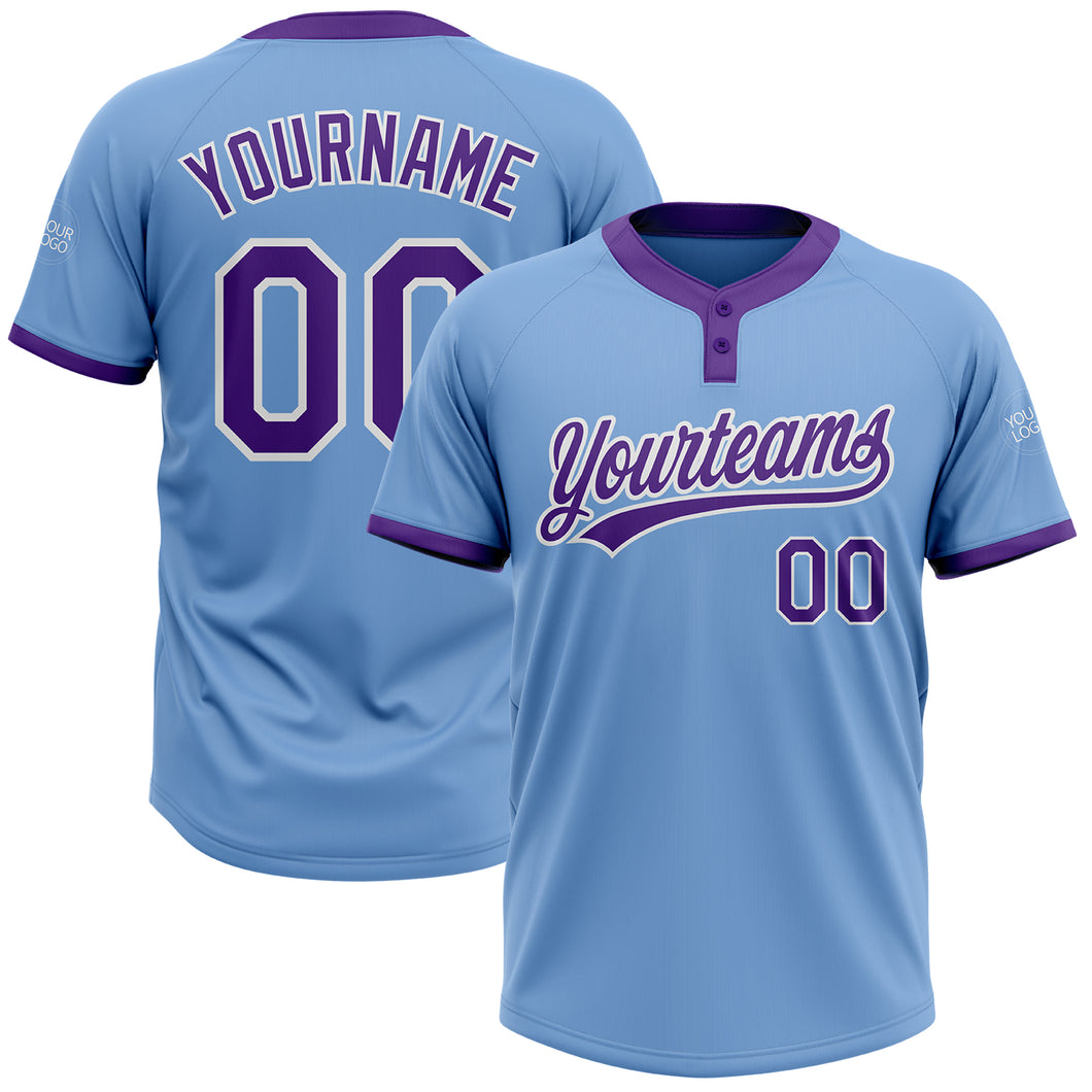 Custom Light Blue Purple-White Two-Button Unisex Softball Jersey