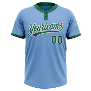 Custom Light Blue Kelly Green-White Two-Button Unisex Softball Jersey