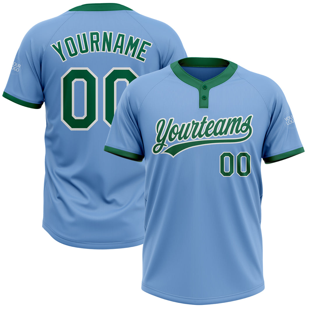 Custom Light Blue Kelly Green-White Two-Button Unisex Softball Jersey