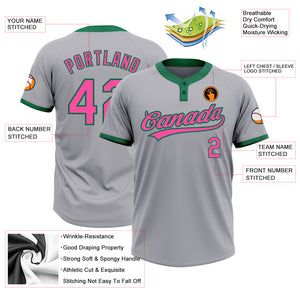 Custom Gray Pink-Kelly Green Two-Button Unisex Softball Jersey