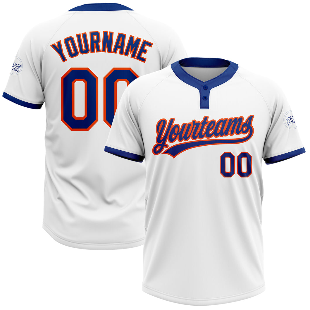 Custom White Royal-Orange Two-Button Unisex Softball Jersey