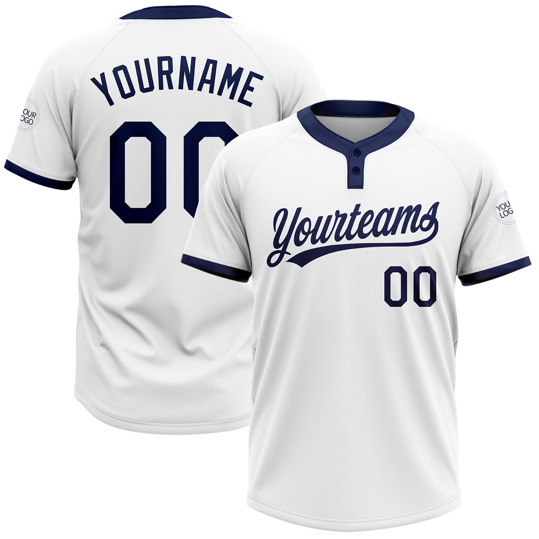 Custom White Navy Two-Button Unisex Softball Jersey