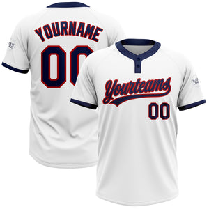 Custom White Navy-Red Two-Button Unisex Softball Jersey