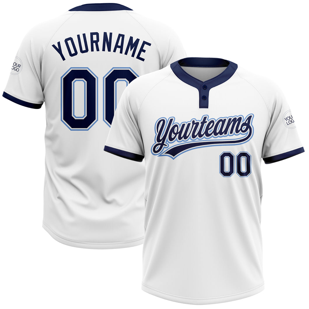 Custom White Navy-Powder Blue Two-Button Unisex Softball Jersey